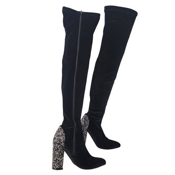Over the Knee Boot Zip Glittery Block Heel Velvet Sz 7 Whimsygoth Party Concert - Picture 1 of 13